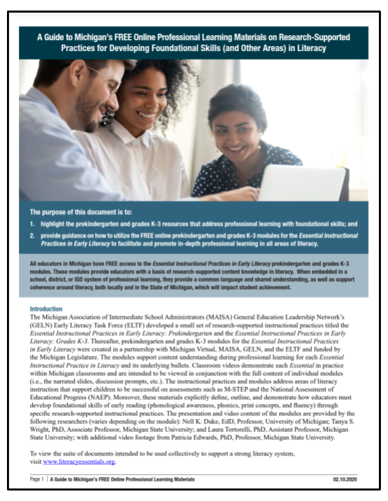 A Guide to Michigan's FREE Online Professional Learning Materials on Research-Supported Practices for Developing Foundational Skills (and Other Areas) in Literacy