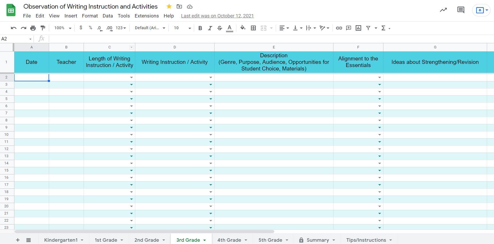 Snapshot of Google Sheets